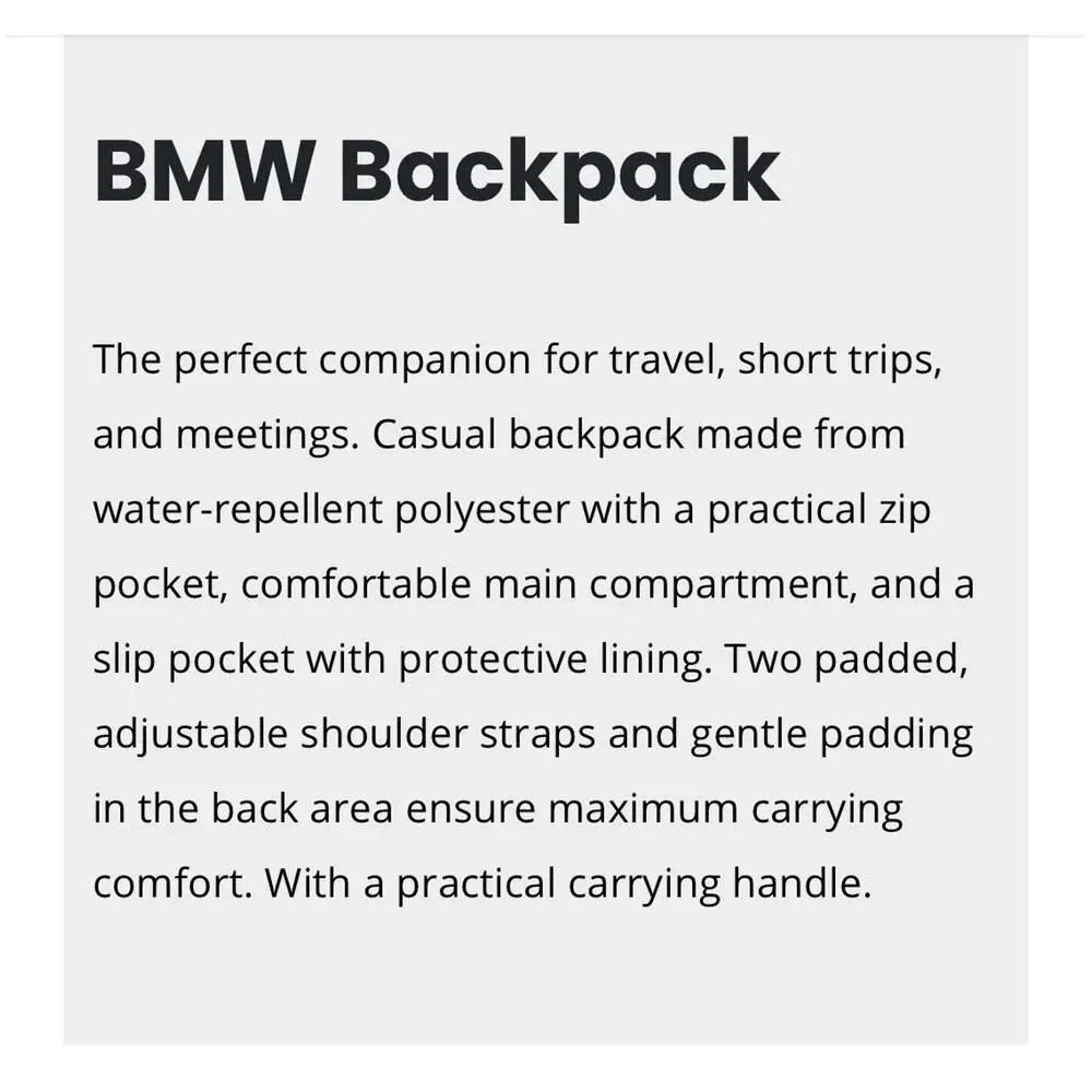 New BMW Motorrad Black Backpack Daily Motorcycle Touring Rucksack #80222166602